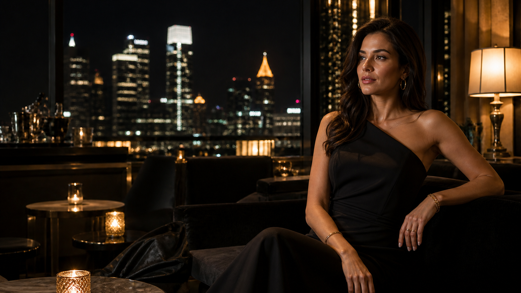 Modern elegant companion in a private Atlanta rooftop lounge